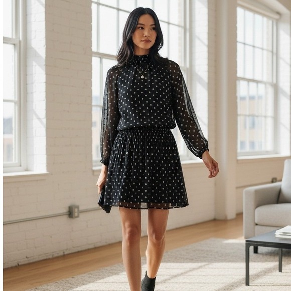 Velvet by Graham & Spencer Dresses & Skirts - Velvet by Graham & Spencer Black Gold Metallic Polka‎ Dot Smocked Mini Dress M